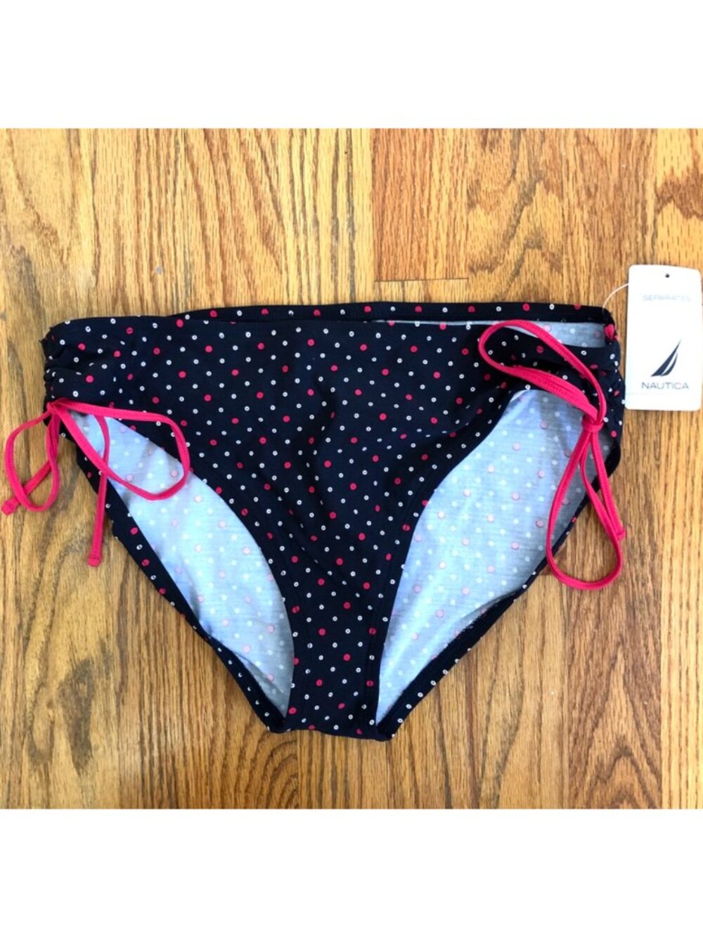 NEW NWT NAUTICA Navy Blue White Red Polka Dot USA Bow Tie Side Bikini BOTTOM 12